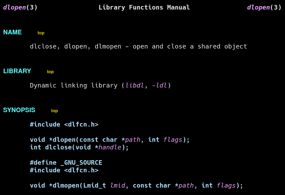 screenshot of the linked dlopen docs