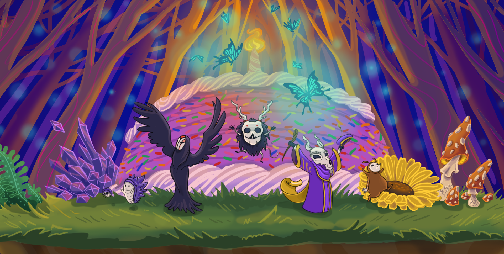 The Way of Rhea characters in front of a giant birthday cake